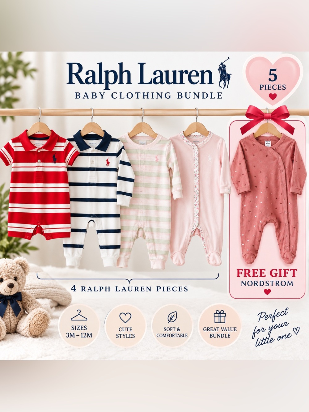 Ralph Lauren Baby 4-Piece Bundle 3-12M + FREE Nordstrom Gift